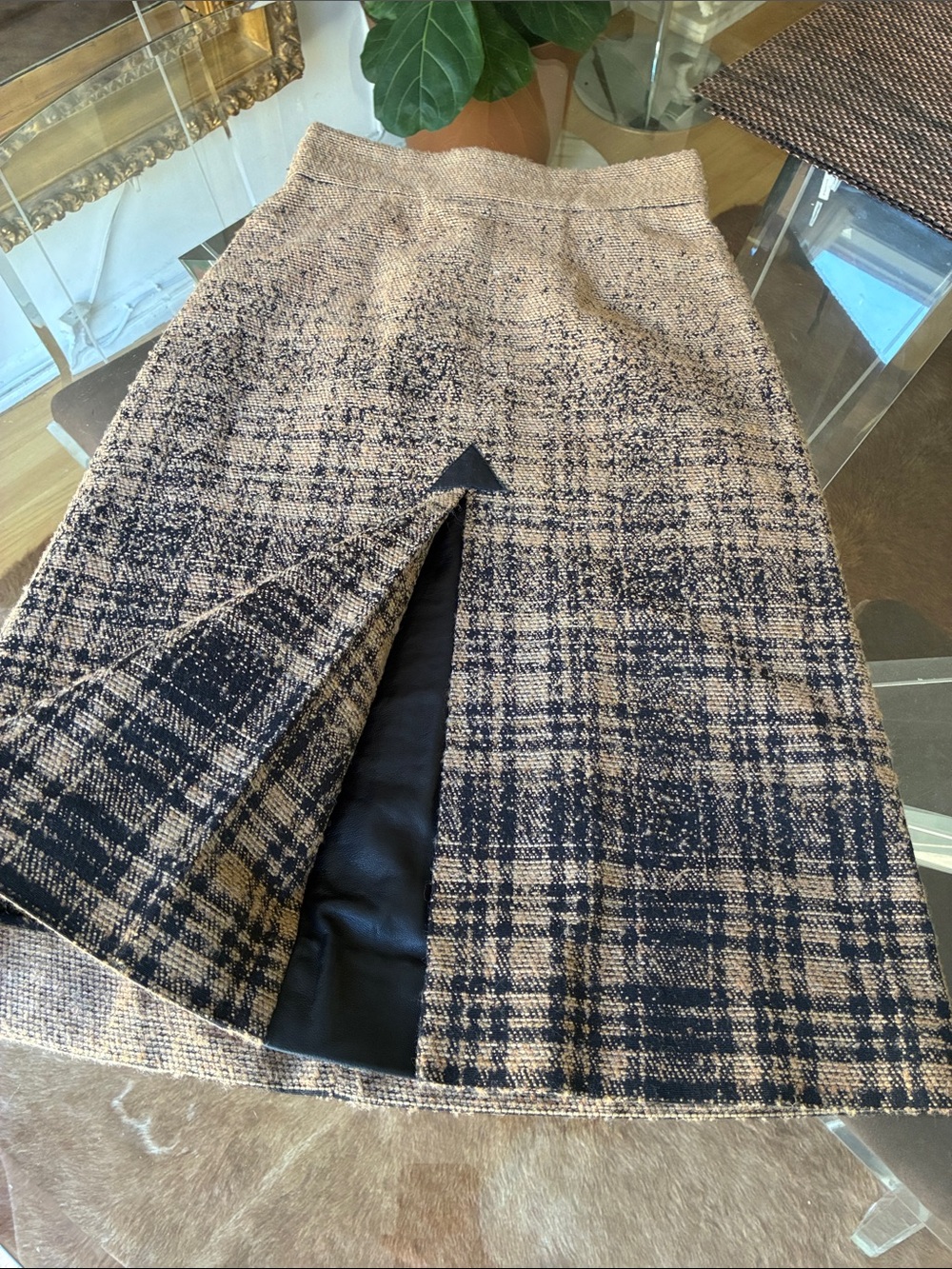 L’agence wool leather high waist blend beige and black Plaid A-Line Skirt size X